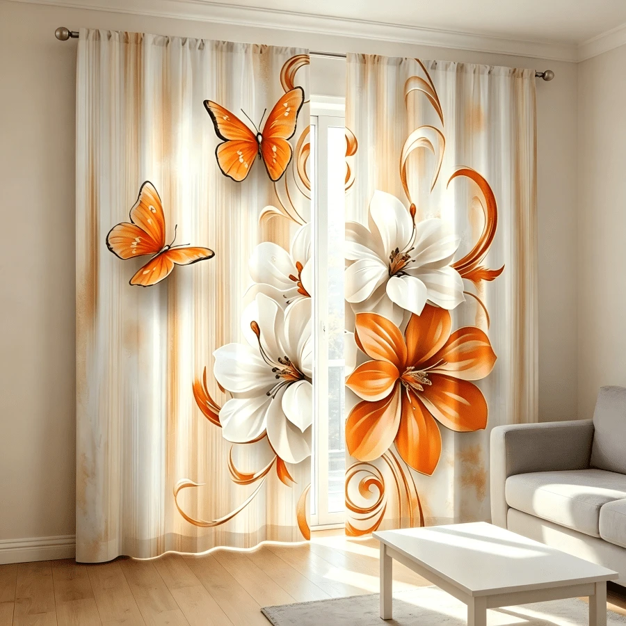 2pcs Modern Art-Style Curtains Featuring A 2D Abstract Oil Painting Print Of Orange And White Lilies And Orange Butterflies,Light-Filtering Window Decor Perfect For Creating A Beautiful Atmosphere In The Living Room Or Bedroom - Multicolor - View 1
