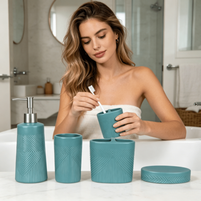 4-Piece Teal Ceramic Bathroom Accessory Set, Embossed Geometric Design Vanity Organizer With Soap Dispenser, Toothbrush Holder, Tumbler & Soap Dish, Modern Boho Bathroom Countertop Decor, Durable & Easy To Clean For Home, Apartment, Guest Bathroom