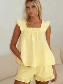 Women Summer Pajama Set Solid Flying Sleeve Tank Tops And Ruffle Shorts 2 Piece Casual Lounge Outfit - Yellow - View 4