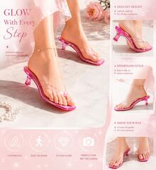 Women Pink Clear Strap Kitten Heel Sandals Square Toe Jelly Slides Slip On Low Heel Thong Slippers Y2K Transparent Strappy Mules Dress Shoes - 粉色 - 查看 4
