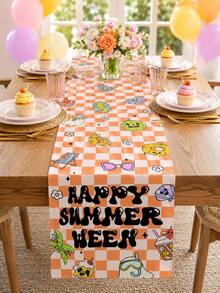 1pc-Happy Summerween Table Runner Retro, Orange Checkerboard Cute Ghost Table Topper, Groovy Spooky Summer Beach Theme Tablecloth Linen For Pool Party Kitchen Decor - Multicolor - View 6