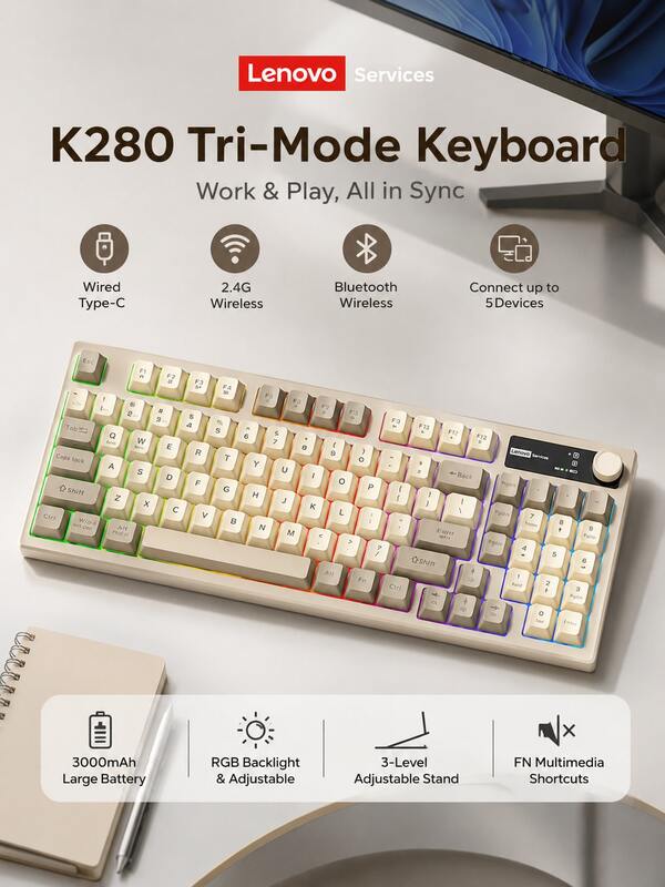 Lenovo K280 Tri-Mode Wireless Keyboard RGB Backlit 97 Keys Bluetooth 2.4G Type-C Rechargeable Keyboard For PC Laptop Tablet