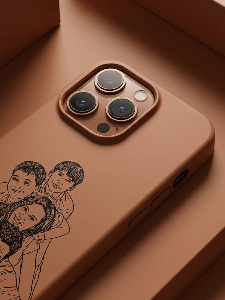 Customizable Personalized Line Drawing Design Style Photo Image Phone Case, With Cartoon Pattern, Compatible With IPhone 17 16 15 Pro Max, Suitable For Family Couples Pets Friends Personal Portrait Customization, With Anti-Drop And Anti-Scratch Function - Khaki - View 5