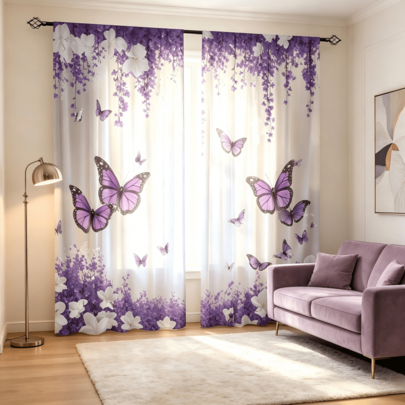 2 Adet Mor Salkım ve Kelebek Desenli Perde – Zarif Beyaz Çiçekli ve Mor Kelebek/Mor Salkım Baskılı; 2D Düz Baskı Tasarımı; Işık Geçiren Polyester Kumaş; Yatak Odaları veya Oturma Odaları İçin Romantik Dekor; Makinede Yıkanabilir