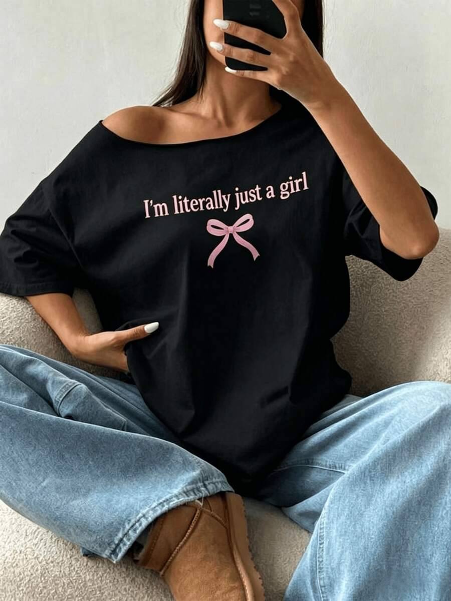 200g Cotton 1 Piece Loose Fit T-Shirt With Off-The-Shoulder Neckline, Slogan And Butterfly Details, Oversized Style Y2K, Pink Graphic T-Shirt For Women - 黑色 - 查看 1