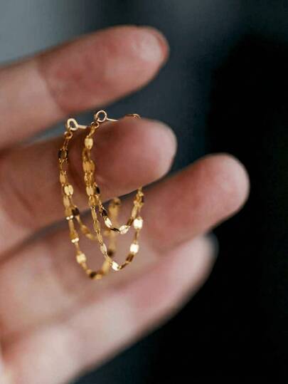 1 Pair Exquisite Elegant Lip-Shaped Chain Layered Earrings For Women, Sparkling Gold Tassel Ear Drops, Geometric Pendant Ear Jewelry Suitable For Ladies Evening Parties And Daily Wear