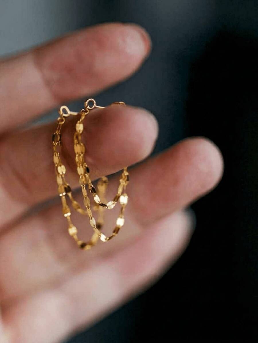 1 Pair Exquisite Elegant Lip-Shaped Chain Layered Earrings For Women, Sparkling Gold Tassel Ear Drops, Geometric Pendant Ear Jewelry Suitable For Ladies Evening Parties And Daily Wear - Multicolor - View 1