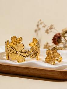 VceTd 1 Stück/2 Stück modisches romantisches Plumeria-Design Edelstahl Damen Schmuckset, geeignet für den täglichen Gebrauch von Frauen, Urlaubs-Ausflüge, Bankette, Musikfestivals oder als Urlaubsgeschenk für Frauen oder geliebte Menschen - Goldgelb - Übersicht 6