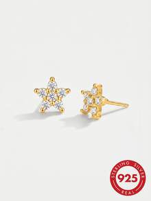 18K Gold Plated S925 Silver Pave CZ Star Stud Earrings, Elegant Minimalist Hypoallergenic Accessories With Gift Box For Women - Gold - View 1