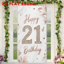 2D平面21歲生日慶祝背景布，閃亮水鑽風格數位設計，搭配玫瑰金箔氣球與緞帶，優雅大理石背景色，聚酯纖維材質，無需電源 - 查看 6