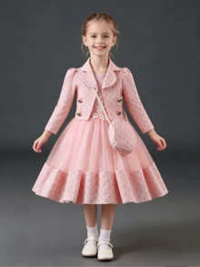 Girls Dress Set, 3 PiecesLong Sleeve Formal Dress Outfit, Perfect For Holidays, Birthdays And Special Occasions - Pink - View 5