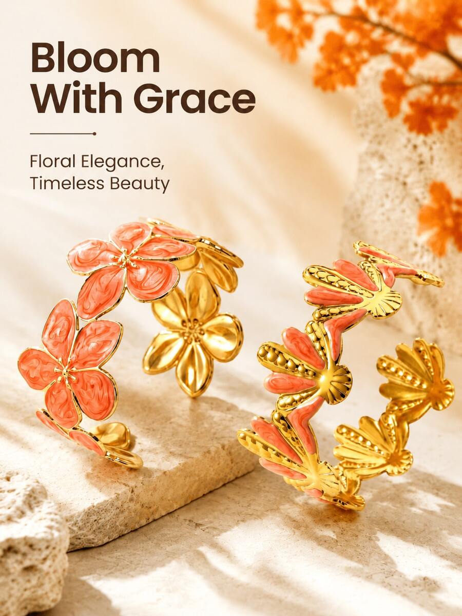 VceTd 2PCS/1PC Vintage Gentle Style Stainless Steel Women's Bracelet Set With Plumeria And Shell Shaped Enamel Craft Open Design, Suitable For Daily Layering Or Single Wear Or Vacation Wear Or Holiday Gift For Friends - Yellow Gold - View 1