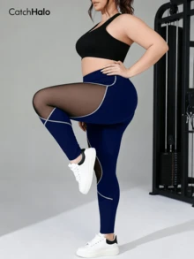 Leggings de yoga de malla con patchwork para mujer de talla grande, cintura alta con costuras de contraste y control de abdomen, pantalones de fitness con elasticidad en 4 direcciones, estilo deportivo de verano - Dark Blue - Ver 8