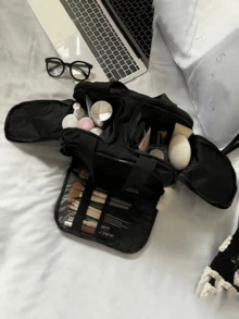 Doppelt breite Öffnung, große Kapazität, Plüsch-Make-up-Tasche, multifunktionale Damen-Reise-Tragetasche, tragbare Toilettenartikel-Aufbewahrungstasche, geeignet für Schule, Zuhause, Outdoor-Alltagsgebrauch und Sommerurlaub-Reise-Essentials - Verschiedenfarbig - Übersicht 3