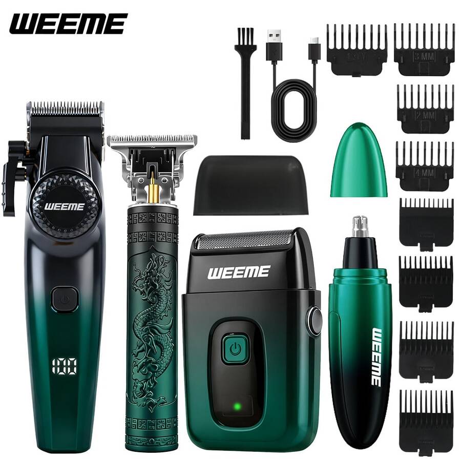 WEEME 4件套/3件套/2件套男士电动剃须刀套装,包含绿色理容套装,可用于理发、剃须、身体修剪和造型。 - 綠色 - 查看 1