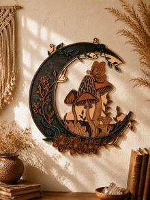 1pc 2D Flat Crescent Moon Wall Decor Plaque, Dark Pastoral Mushroom Butterfly Floral Wall Hanging, Mysterious Bohemian Plant Crystal Vine Wall Ornament, Gothic Crescent Moon Mushroom Wall Plaque, Magic Forest Butterfly Floral Crescent Moon Wall Hanging, Vintage Pastoral Floral Mushroom Crescent Moon Wall Decor, Occult Witchcraft Crystal Mushroom Wall Ornament, Goblin Natural Greenery Crescent Moon Decor Plaque - Multicolor - View 3
