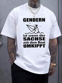 Figure Of A Person In A Boat Falling Into The Water With Humorous German Text About Inclusive Language, Modern Casual Men's T-Shirt - White - View 1