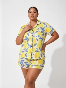 Snug League Marira Curve 2pcs/Set Cute Lemon Print Bow Decor Plus Size Ladies Pajama Set, Includes Short Sleeve Shirt With Collar & Button - Yellow - View 4