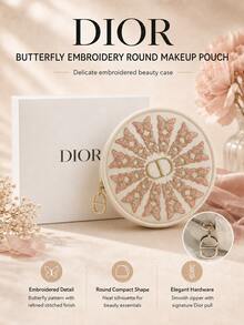 Dior Butterfly Embroidered Round Makeup Bag 15cm, Lightweight Mesh Material, Exquisite Pink Butterfly Embroidery, Suitable For Storing Small Items, Perfect For Personal Use Or Gifting - Pink - View 2