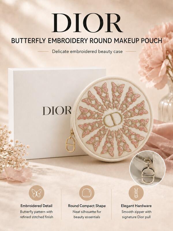 Tas kosmetik bulat bordir kupu-kupu Dior, 15cm, terbuat dari bahan jala ringan dengan bordir kupu-kupu merah muda yang halus. Cocok untuk menyimpan barang-barang kecil, sangat ideal untuk penggunaan pribadi atau sebagai hadiah.
