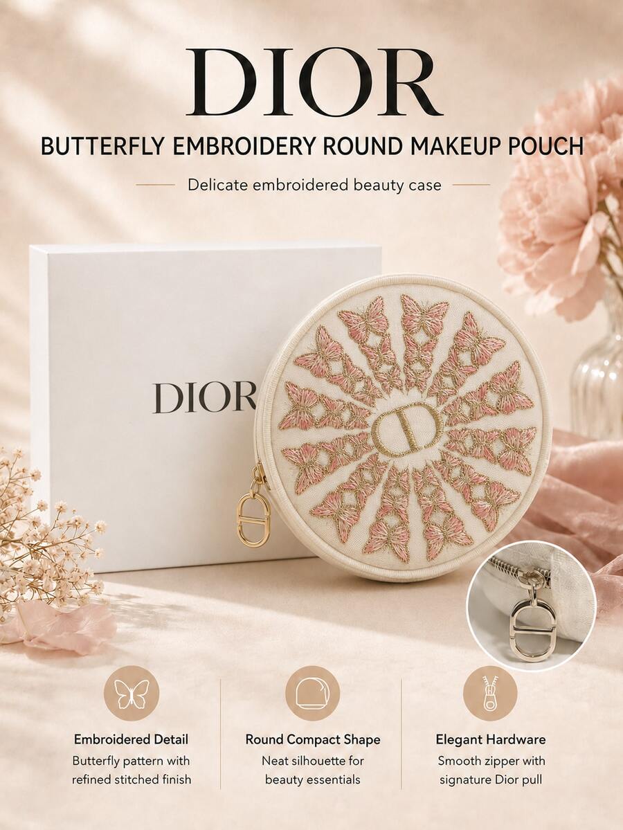 Dior Butterfly Embroidered Round Makeup Bag 15cm, Lightweight Mesh Material, Exquisite Pink Butterfly Embroidery, Suitable For Storing Small Items, Perfect For Personal Use Or Gifting