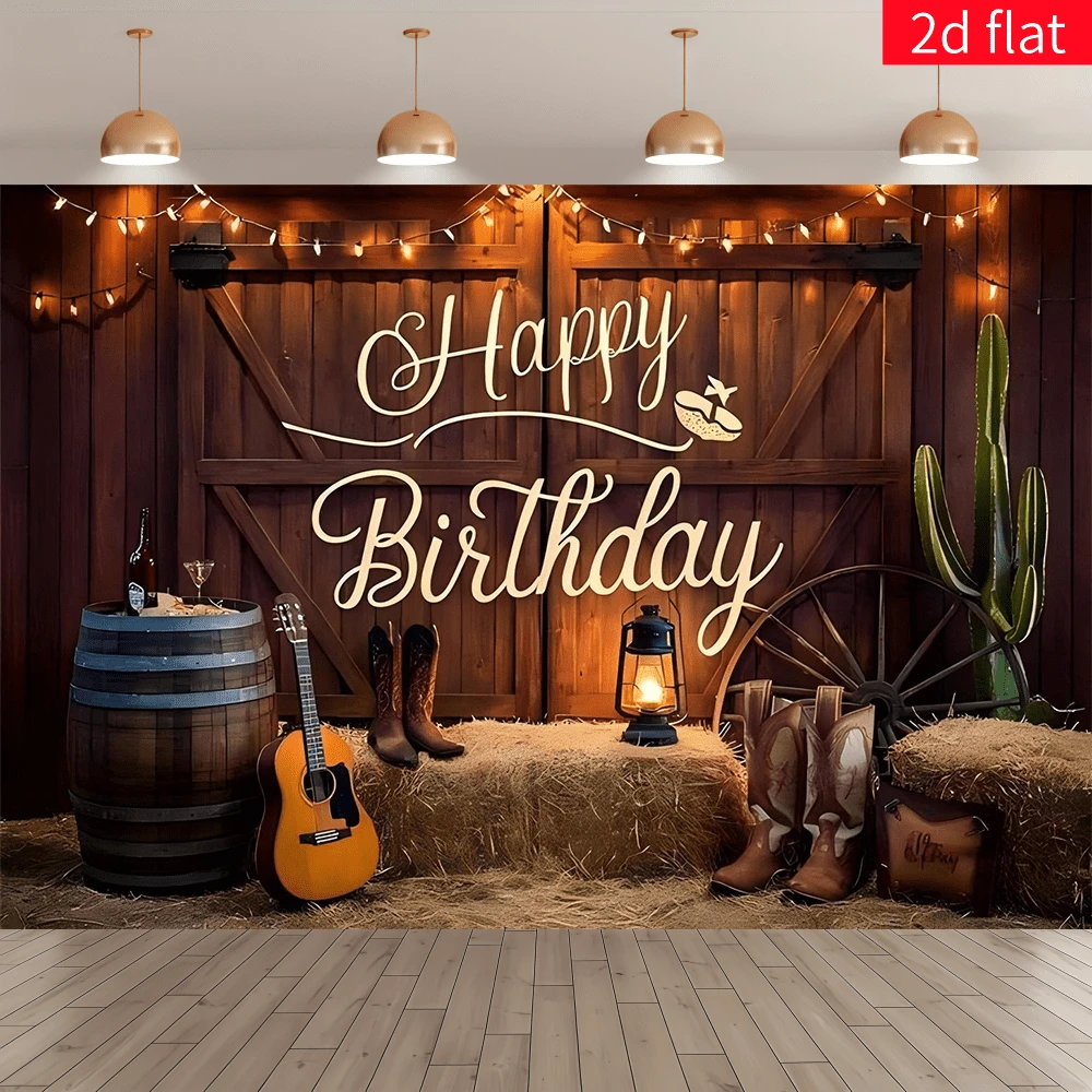 1pc Wild West Theme Birthday Backdrop Banner, Country Barn Cactus Guitar Design, Birthday Party Decoration, Home Background Wall Decor, Indoor Outdoor Garden Patio Decoration, Photography Background
