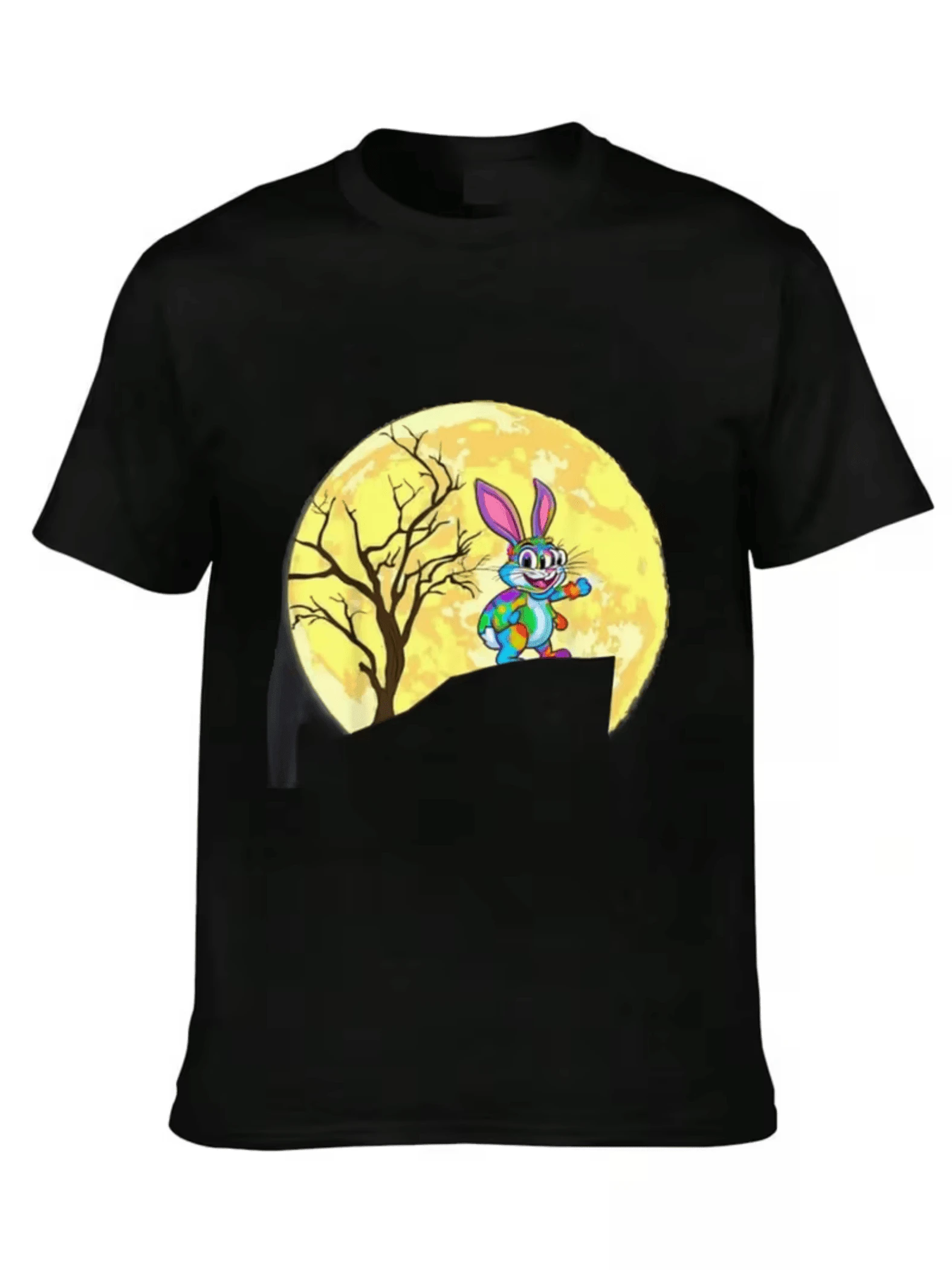 Happy Colorful Rabbit Jumping In Front Of A Large Yellow Moon With A Bare Tree Symbolizing Energy And Optimism - Men's T-Shirt - Black - View 1