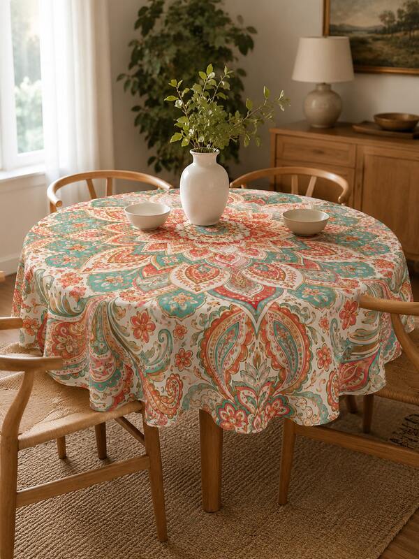 1pc Vintage Bohemian Style Paisley Mandala Round Tablecloth, Cream Background With Coral Pink And Turquoise Scalloped Lace Trim, Suitable For Dining Room, Kitchen, Outdoor Party, Home Decor And Arrangement