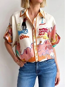 Women's Linen Shirt With Unique Graffiti Print Summer - Orange - View 1