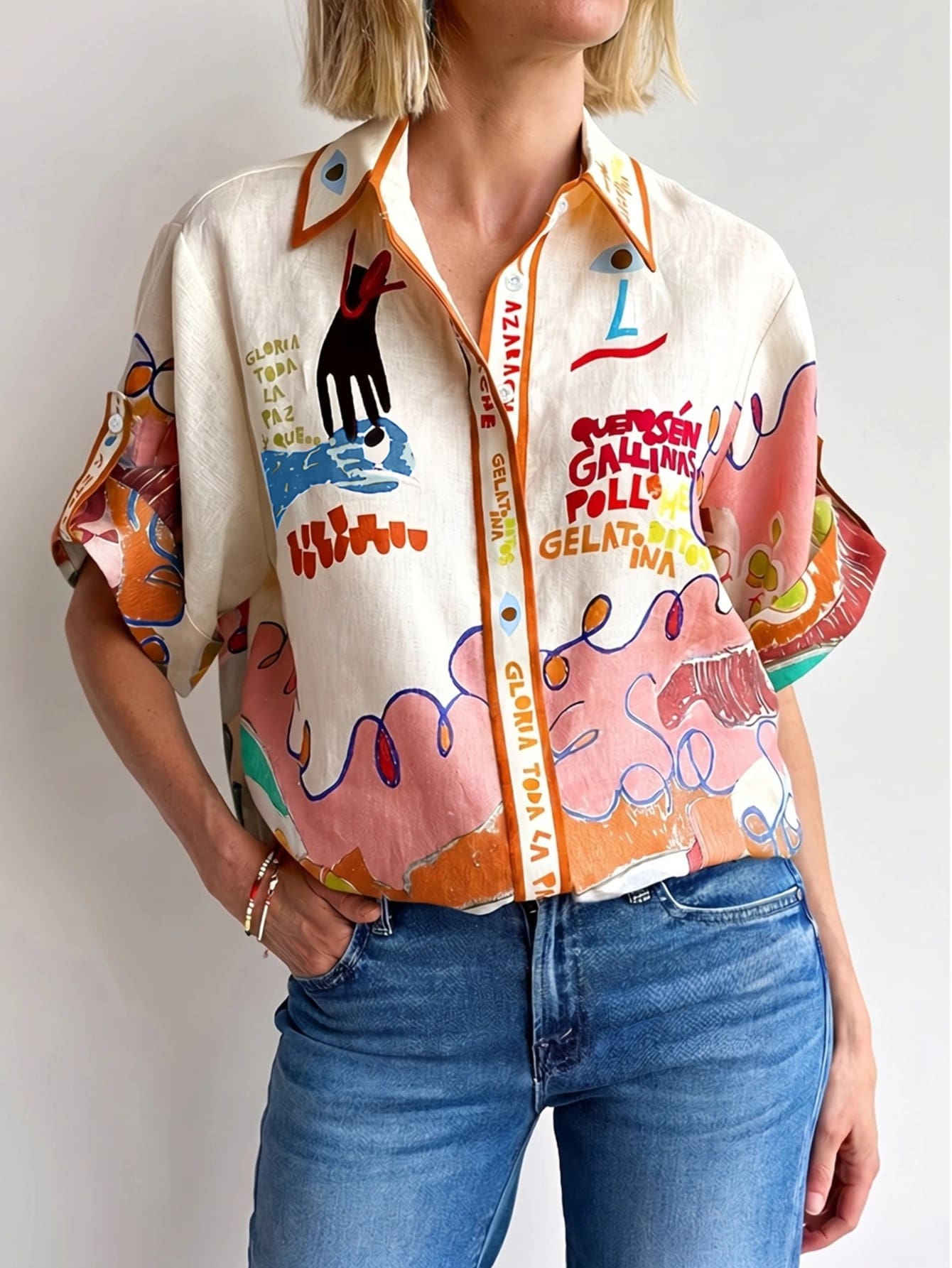 Women's Linen Shirt With Unique Graffiti Print Summer - Orange - View 1