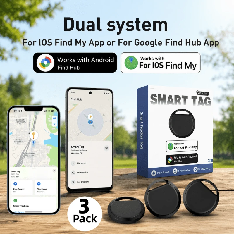RSH 3pcs Dual System Tracking Tags, Compatible With Android And IOS, Precise Locating Key Finder Tracking Device, Smart Tracking Tag, Suitable For Luggage, Wallet, Bags - Compatible With IOS "Find My" And "Find Center" Tracking Locator