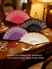 1Pc /2Pcs Vintage Gothic Lace Folding Hand Fan With Jade Pendant Tassel, Retro Gold Stamping Floral Handheld Fan, Chinese Style Accessory For Lolita Cosplay Dance Wedding Party Decor & Gift - Folding Fan - View 1