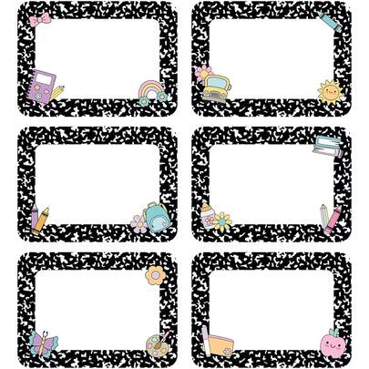 90pcs School Name Stickers, Self-Adhesive Label Stickers, Classroom Decoration Stickers, Student Use, Black And White Border Name Stickers, 6 Designs, Suitable For Classroom, School, Office Decoration Stickers