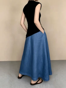 女款白色裙子，優雅休閒街頭風，春夏穿搭，青春優雅，成熟女性魅力，復古度假風口袋裙 - 藍色 - 查看 3