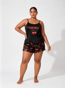 Snug League Plus Size Women's Sleepwear Set, Cherry Letter Print Camisole And Shorts, Loose And Comfortable, Summer Pajamas - Black - View 6