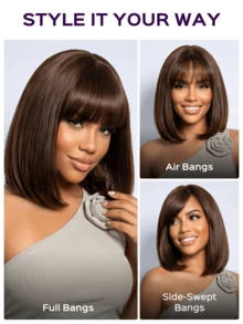 MEGALOOK Wig Bob Lurus T-Part 6x6 dengan Poni, Cokelat Tua, Tanpa Lem, 100% Rambut Manusia, Belahan Dalam 6 Inci, Sudah Dipetik, Simpul yang Dibleaching, Wig Bob Lurus dengan Lace Front untuk Wanita - S4 - View 4