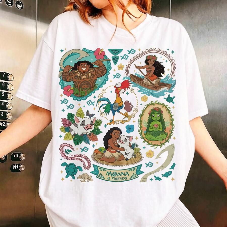 Disney Officially Licensed Women Pure Cotton T-Shirt, Cute Moana Tee Ocean Adventure Character Tropical Plant Girly Cartoon Daily Short Sleeve - 白色 - 查看 1