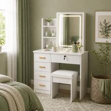 Compact Vanity Desk With Mirror & Lockable Cabinet, 3-Tier Makeup Table With Storage Shelves For Bedroom, Modern Nordic Space-Saving Dressing Table 80*40*130cm - Square Mirror Dressing Table - View 2