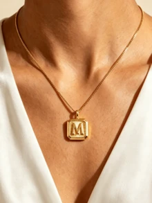 MECYLIFE 1pc Minimalist Fashion Women's 26 Initial Pendant Necklace Stainless Steel Elegant Box Chain 18k Gold 3D Cube Letter Pendant Women's Elegant Necklace Personalized Name Necklace Stainless Steel Box Chain Daily Versatile Jewelry - Yellow Gold - View 2