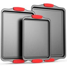 1/3 Sets Red Silicone Handle Rectangular Baking Tray, Non-Stick Kitchen Oven Baking Pan, Easy To Clean, Suitable For Baking Cookies, Cakes And Bread - Multicolor - View 2