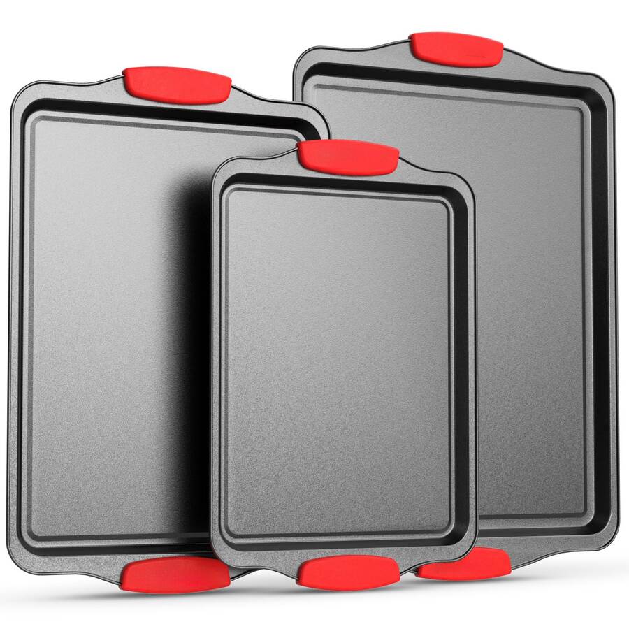 1/3 Sets Red Silicone Handle Rectangular Baking Tray, Non-Stick Kitchen Oven Baking Pan, Easy To Clean, Suitable For Baking Cookies, Cakes And Bread