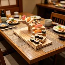 Pine Wood 7-Step Staircase Sushi Display Stand, Food Serving Tray, Dessert Display Rack, Tabletop Appetizer Holder For Restaurant Wedding Party - View 3