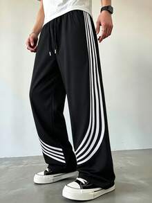 Spring/Summer Casual Color Block Striped Men's Long Pants, Daily Casual Commute - Black - View 1