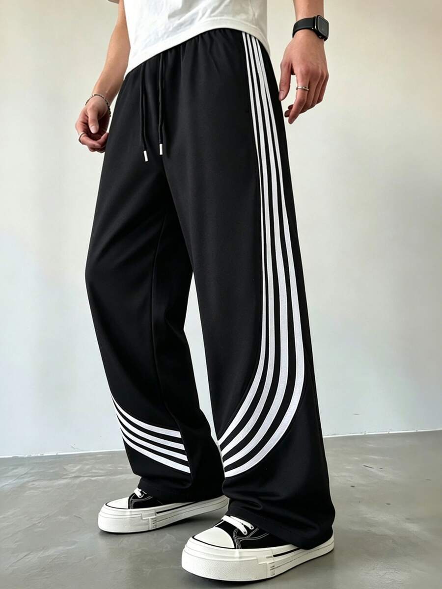 Spring/Summer Casual Color Block Striped Men's Long Pants, Daily Casual Commute - Black - View 1