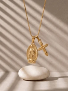 1pc Bohemian Style Virgin Mary And Gold Cross Pendant Necklace, Vintage Stainless Steel Double Pendant Necklace Jewelry, Waterproof, Birthday And Mother's Day Gift, Father's Day Gift, Baptism Gift, Family Gift, Fashion Daily Accessory - Gold - View 8