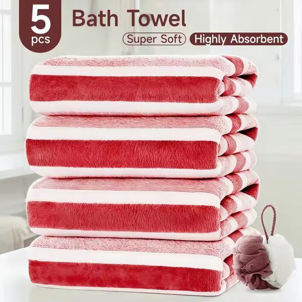 1pc/5pcs Bath Towel Set [4 Towels +1 Ball] - Modern Striped Coral Fleece Microfiber Towels Suitable For Adults, Ultra-Soft Quick-Dry Highly Absorbent Beach, Spa, Gym & Bath Towels With Bath, Space-Themed Collection For Home Bathroom