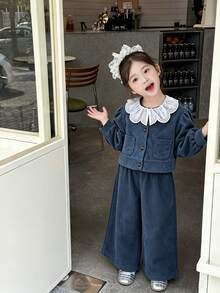 2pcs/Set Setelan Jaket dan Celana Lengan Panjang Kasual Warna Polos Kerah Peter Pan Bergaris untuk Balita Perempuan, Terbuat dari Kain Tenun Lembut dan Nyaman, Cocok untuk Pakaian Luar Ruangan, Musim Gugur/Musim Dingin - Dusty Blue - View 1