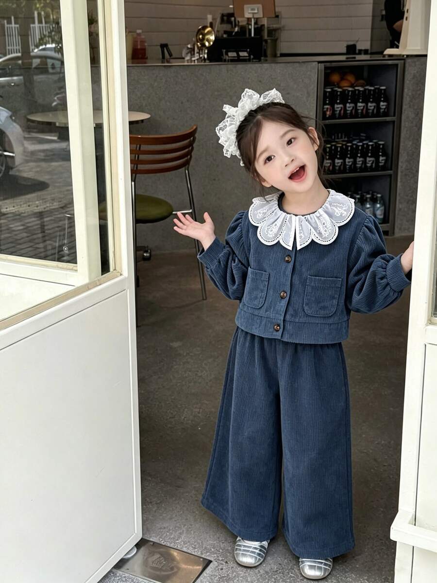 2pcs/Set Setelan Jaket dan Celana Lengan Panjang Kasual Warna Polos Kerah Peter Pan Bergaris untuk Balita Perempuan, Terbuat dari Kain Tenun Lembut dan Nyaman, Cocok untuk Pakaian Luar Ruangan, Musim Gugur/Musim Dingin - Dusty Blue - View 1