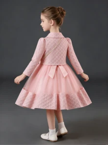 Girls Dress Set, 3 PiecesLong Sleeve Formal Dress Outfit, Perfect For Holidays, Birthdays And Special Occasions - Pink - View 3