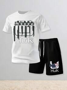 CHAOSHU HUK Independence DayAmerican Flag Fish Logo Print Men's Short Sleeve T-Shirt & Shorts Set Patriotic Fishing Two-Piece Outfit - 白色 - 查看 1